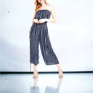 Navy Blue Striped Strapless Wide-Leg Jumpsuit